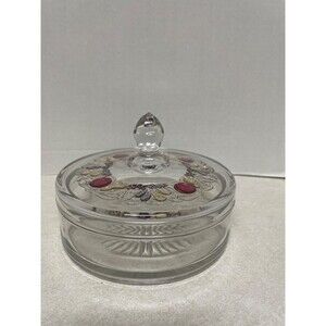 CLEAR GLASS TRINKET BOX WITH EMBOSSED FRUIT COVER 6" DIAMETER X 2.25" H